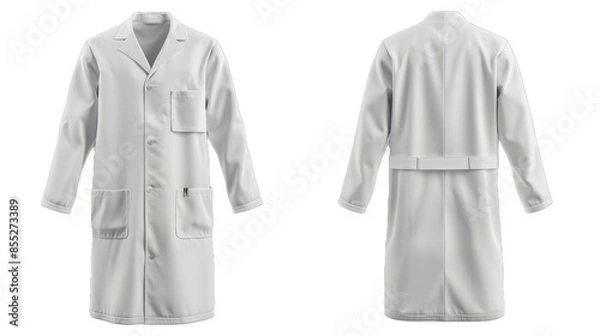 Fototapeta Blank white medical lab coat mockup front and side view 3d rendering Empty doctors overcoat with pocket mock up Isolated on transparent background PNG