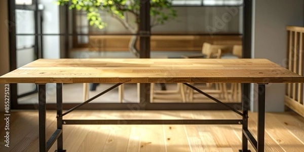 Fototapeta a table with a plant in a room with wooden floors and a glass door leading to a balcony area
