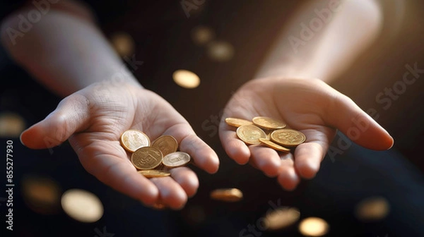 Fototapeta Gold Bitoins falling in a hand