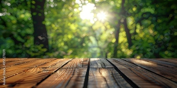 Fototapeta A wooden table surrounded by trees, lit up by sunlight