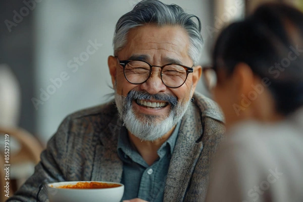 Fototapeta Elderly Gentleman Enjoys Soup at Care Home with Stylish Look and Cheerful Expression