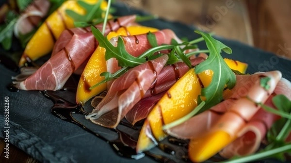 Obraz Gourmet Mango and Prosciutto Appetizer with Balsamic Drizzle and Arugula Garnish