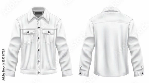 Fototapeta 3D realistic vector illustration of a classic mens white shirt or denim jacket with long sleeves and chest pockets presented in front and back views Isolated on white