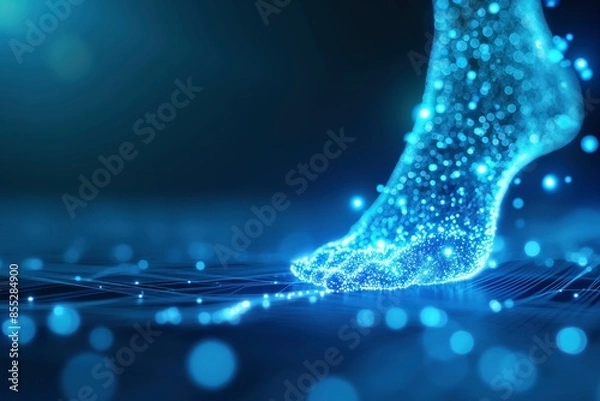 Obraz Abstract digital art of footprints made from glowing blue particles,  AI in data analysis and machine learning.