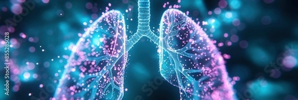 Obraz A digital rendering of lungs with glowing, vibrant particles and a dark background. lungs Diseases and lung cancer concept