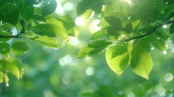 Fototapeta   Close-up photo of tree branch with water droplets and sunlight passing through leaves