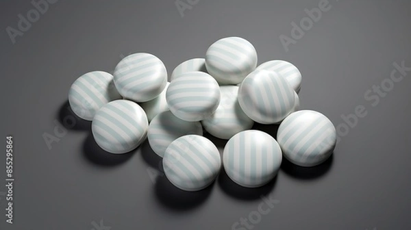 Fototapeta A pile of white and blue striped candy. The candy is round and has a smooth surface. The pile is sitting on a gray surface.