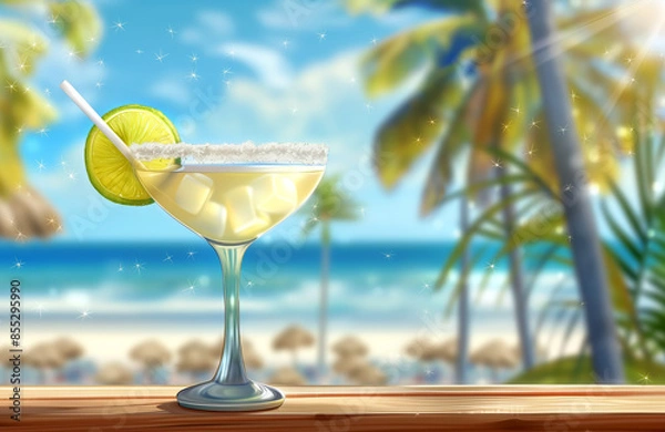 Fototapeta Margarita cocktail with lime garnish and straw on a wooden table by the beach