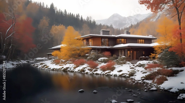 Fototapeta villa with pitched roofs in a snowy landscape near a gentle stream, the essence of winter nature, winter landscape with a beautiful house in nature,