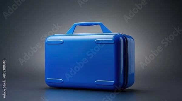 Fototapeta 3D rendering of a blue suitcase on a dark background. The suitcase is made of hard plastic and has a handle on top.