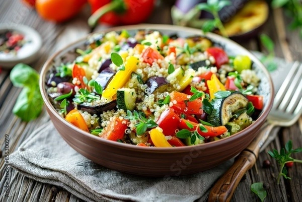 Fototapeta Vibrant Quinoa and Roasted Vegetable Salad with Lemon Herb Dressing on Rustic Table
