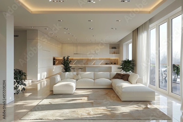 Fototapeta Bright White Living Room with Large Windows
