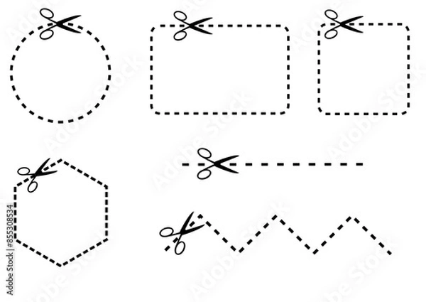 Fototapeta Cut Here Symbol with Scissors circle shape,hexagon,square,rectangle,straight line,zigzag