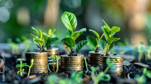 Fototapeta A symbolic image of growth and prosperity with young saplings sprouting from stacks of coins, representing financial investment and the potential for success.