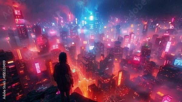 Fototapeta Digital art of a person on a cliff at night, gazing at a futuristic city. Neon lights and skyscrapers light up the hazy atmosphere.