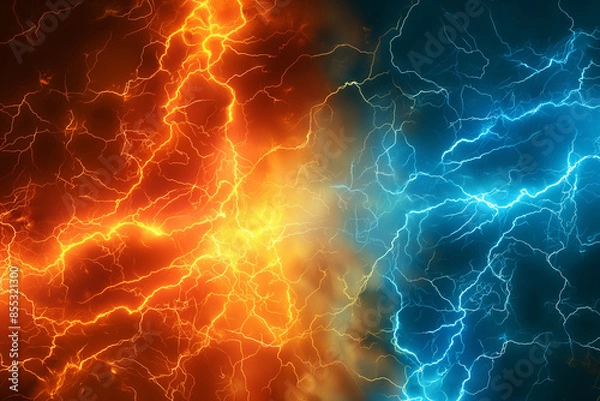 Fototapeta lightning in the night sky, A dynamic background featuring a striking contrast of hot orange and cold blue electrical lightning bolts, creating a visually captivating and energetic scene