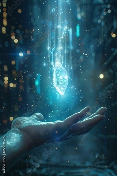 Fototapeta Holographic Technology in a Futuristic Gloved Hand. A gloved hand interacts with holographic technology, showcasing futuristic and advanced digital interface innovations.