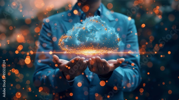 Fototapeta Businessman Holding a Glowing Cloud Computing Icon