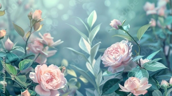 Fototapeta A close-up view of delicate pink roses blooming in a lush garden on a sunny day