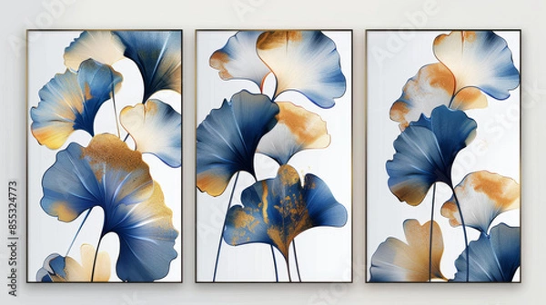 Fototapeta Abstract art vector background with ginkgo leaves in blue and gold tones on a white background, set of three frames for wall decoration