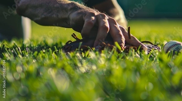 Fototapeta Baseball Player Diving to Catch Ground Ball on Pristine Green Field During Training