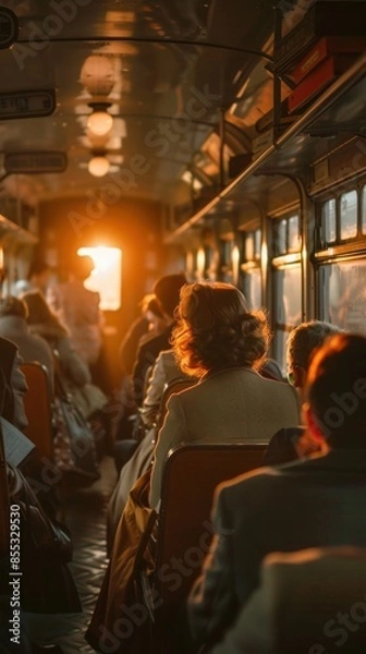Fototapeta Vintage tram ride during golden hour with passengers seated on wooden benches, sunlight streaming through windows casting a warm nostalgic glow.
