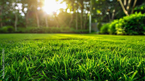 Fototapeta Lush green grass with sunlight bokeh.