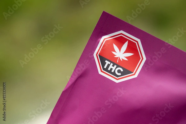 Fototapeta Package of cannabis edibles containing THC, marijuana label warming