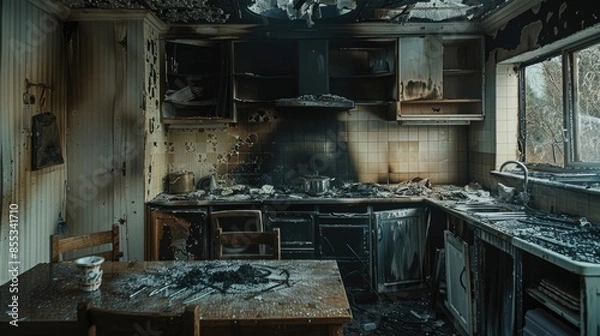 Obraz Burnt kitchen aftermath, charred ceiling, soot-covered walls, ash debris on table and floor