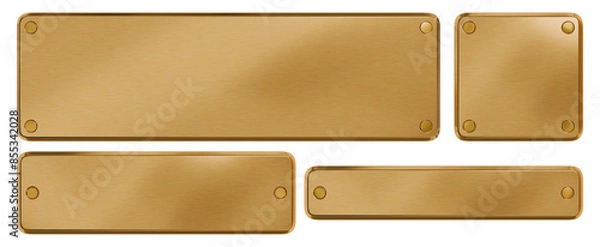 Fototapeta Golden plaque with rivets. Isolated metallic nameboards set. 3D rendering.