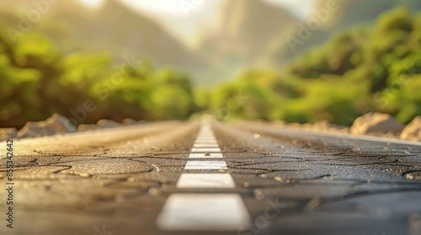 Fototapeta Empty road leading through lush green forest with distant mountains, perfect for concepts of travel, journey, and adventure.