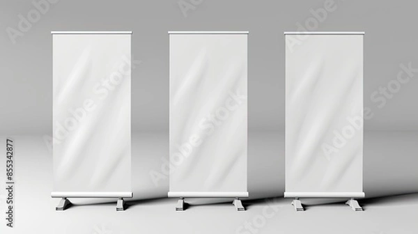 Obraz Three white blank roll-up banners on a gray background