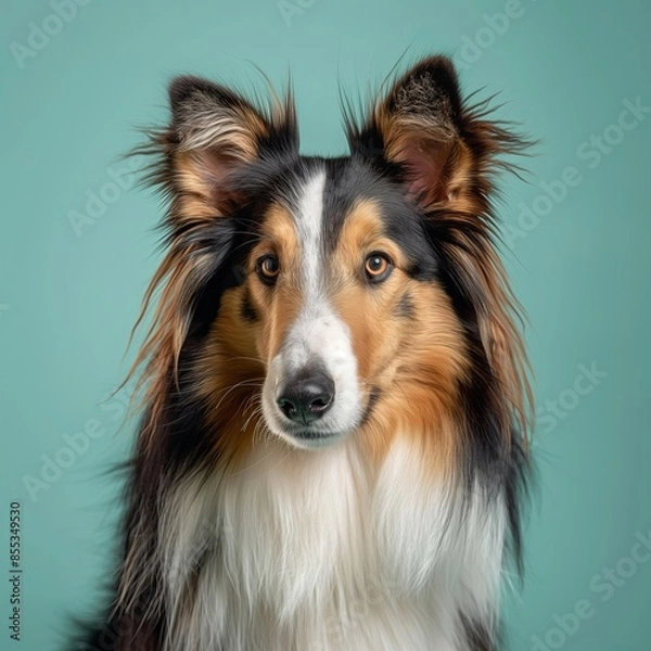 Fototapeta Collie dog on minimalistic colorful background with Copy Space. Perfect for banners, veterinary ads, pet food promotions, and minimalist designs.