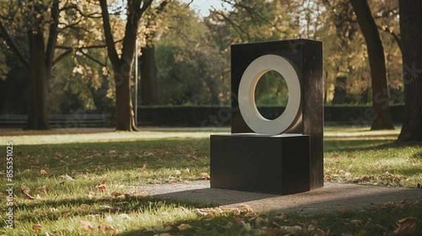 Fototapeta AI generated illustration of a modern abstract sculpture in a park surrounded by lush trees