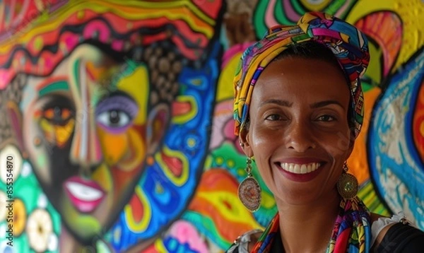 Fototapeta Vibrant Art Gallery: Multicultural Woman with a Warm Smile in Front of Colorful Wall Mural