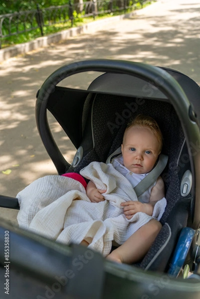 Fototapeta Baby girl is sitting in stroller, wrapped in white blanket, during sunny day in park. Stroller is parked on path in park with green trees and bushes in background