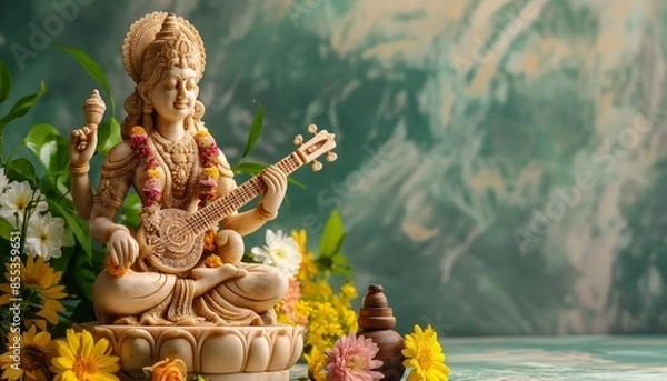 Fototapeta Statue of Goddess Saraswati with veena surrounded by fresh flowers on empty background.