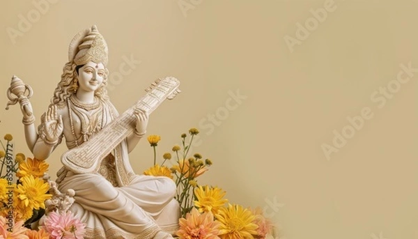 Fototapeta Statue of Goddess Saraswati with veena surrounded by fresh flowers on empty background.