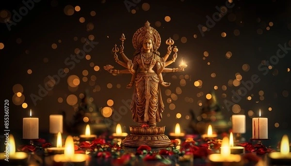 Fototapeta The statue of Goddess Durga stands majestically, surrounded by lights and candles