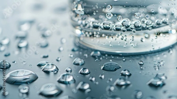 Fototapeta Close-up of a glass of clear water with condensation droplets on the outside, placed on a reflective surface
