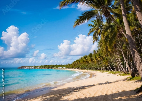 Fototapeta Tropical beach with palm trees. Generative AI