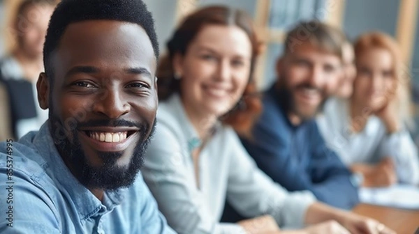 Fototapeta Business meeting  Group of diversity men and women sitting in conference room and smiling at meeting research plan in boardroom Professional business people brainstorming and teamwork  : Generative AI