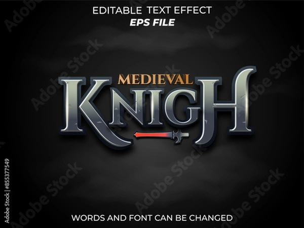 Fototapeta medieval knight text effect, font editable, typography, 3d text for medieval fantasy and rpg games. vector template