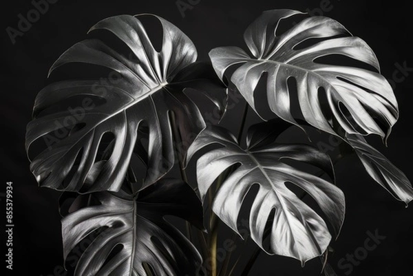 Fototapeta black monstera leaves on a black background.