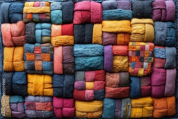 Fototapeta Grids of intricately sewn, embroidered, and knitted rectangles adorned with diverse flowers, colors, designs, and shapes create a vibrant display of creativity.