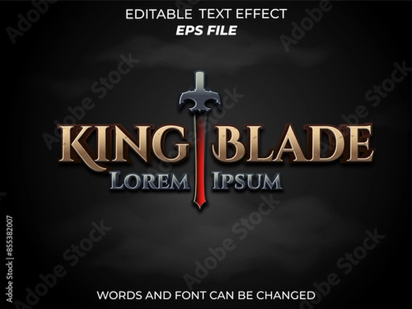 Fototapeta king blade text effect, font editable, typography, 3d text for medieval fantasy and rpg games. vector template