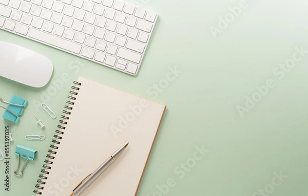 Fototapeta Flat lay, top view office table desk. Workspace with keyboard, office supplies and flower on pastel background.