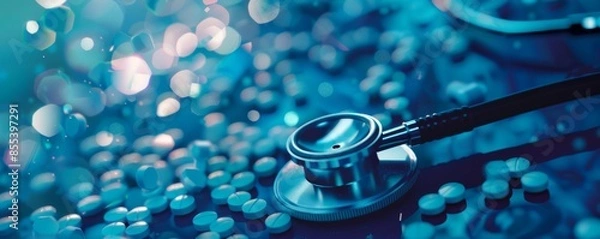Obraz Close-up of stethoscope on blue toned medicine medication, with bokeh effect. Healthcare and medical concept