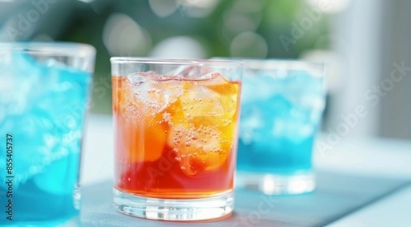 Fototapeta Three glasses of different colored drinks, one of which is blue. Tropical summer concept