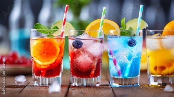 Fototapeta A row of colorful drinks with straws in them. Tropical summer concept